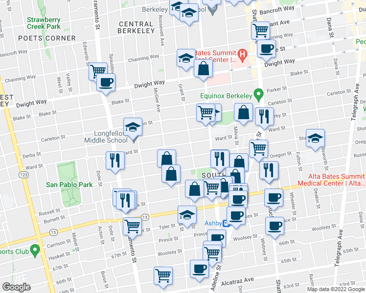 map of restaurants, bars, coffee shops, grocery stores, and more near 1732 Ward Street in Berkeley