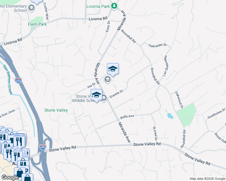 map of restaurants, bars, coffee shops, grocery stores, and more near 2990 Limestone Road in Alamo
