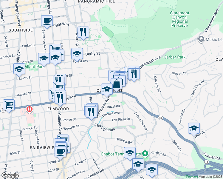 map of restaurants, bars, coffee shops, grocery stores, and more near 2912 Claremont Avenue in Berkeley