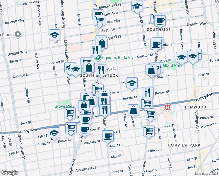 map of restaurants, bars, coffee shops, grocery stores, and more near 2140 Stuart Street in Berkeley
