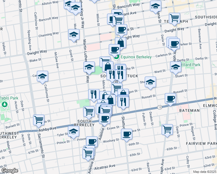 map of restaurants, bars, coffee shops, grocery stores, and more near 2750 Adeline Street in Berkeley