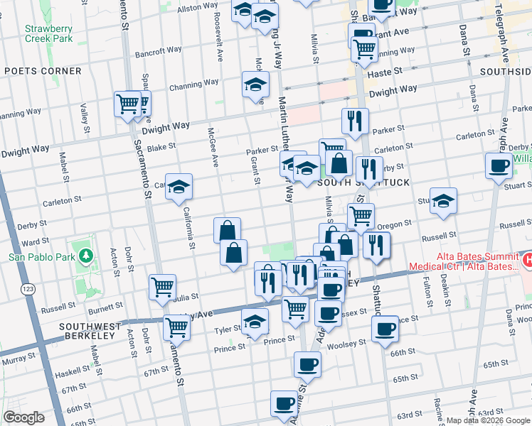 map of restaurants, bars, coffee shops, grocery stores, and more near 1820 Ward Street in Berkeley