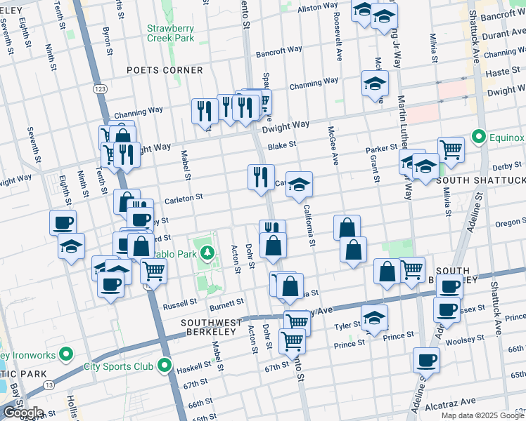 map of restaurants, bars, coffee shops, grocery stores, and more near 2704 Sacramento Street in Berkeley