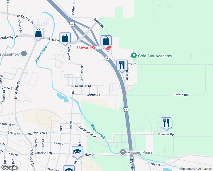 map of restaurants, bars, coffee shops, grocery stores, and more near 1006 Missouri Street in Park Hills