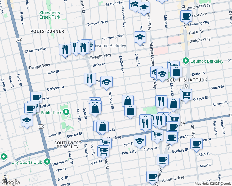 map of restaurants, bars, coffee shops, grocery stores, and more near 1615 Ward Street in Berkeley
