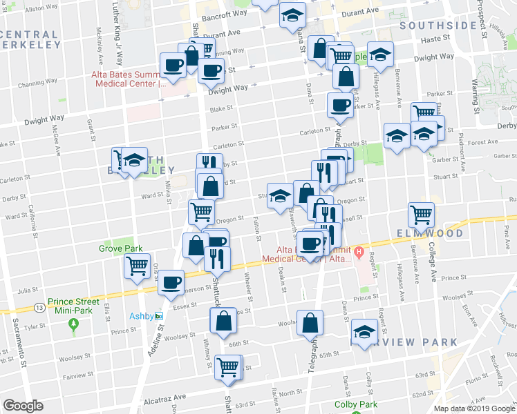 map of restaurants, bars, coffee shops, grocery stores, and more near 2813 Fulton Street in Berkeley