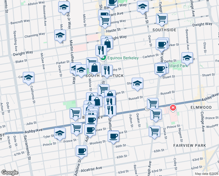 map of restaurants, bars, coffee shops, grocery stores, and more near 2801 Shattuck Avenue in Berkeley