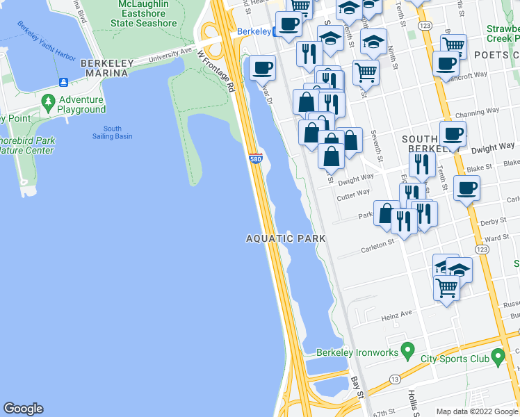 map of restaurants, bars, coffee shops, grocery stores, and more near West Frontage Road in Berkeley