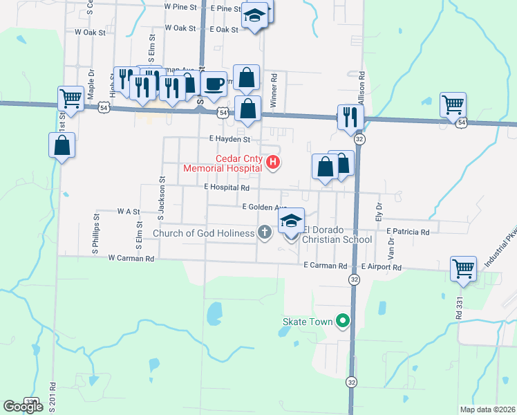 map of restaurants, bars, coffee shops, grocery stores, and more near 301 East Golden Avenue in El Dorado Springs
