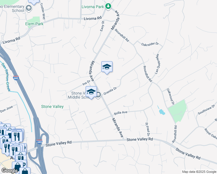 map of restaurants, bars, coffee shops, grocery stores, and more near 2990 Limestone Road in Alamo