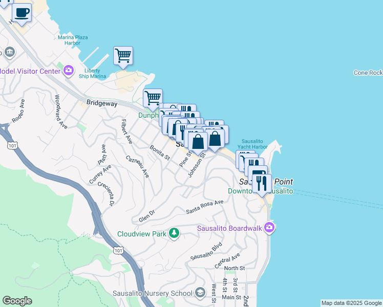 map of restaurants, bars, coffee shops, grocery stores, and more near 401 Pine Street in Sausalito