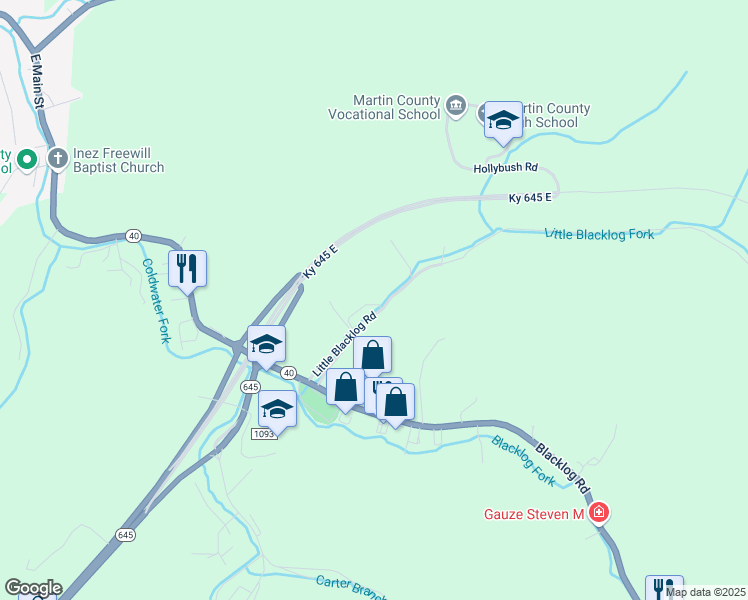map of restaurants, bars, coffee shops, grocery stores, and more near 239 Little Blacklog Road in Inez