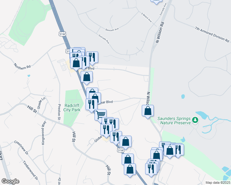 map of restaurants, bars, coffee shops, grocery stores, and more near 212 Oak Ridge Drive in Radcliff