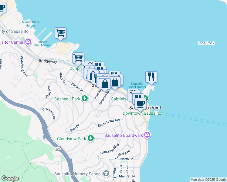 map of restaurants, bars, coffee shops, grocery stores, and more near 317 Johnson Street in Sausalito