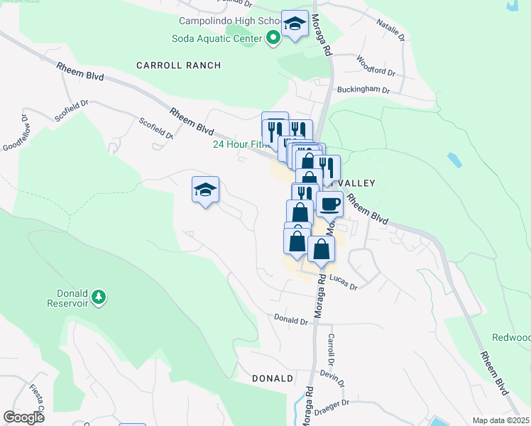 map of restaurants, bars, coffee shops, grocery stores, and more near 2009 Ascot Drive in Moraga