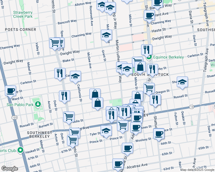 map of restaurants, bars, coffee shops, grocery stores, and more near 1732 Ward Street in Berkeley