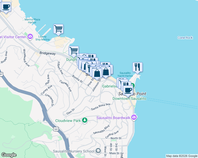 map of restaurants, bars, coffee shops, grocery stores, and more near 317 Johnson Street in Sausalito