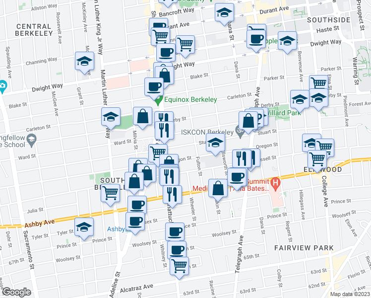 map of restaurants, bars, coffee shops, grocery stores, and more near 2140 Stuart Street in Berkeley