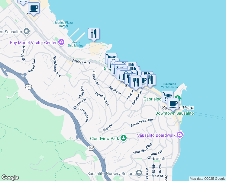 map of restaurants, bars, coffee shops, grocery stores, and more near 305 Bonita Street in Sausalito