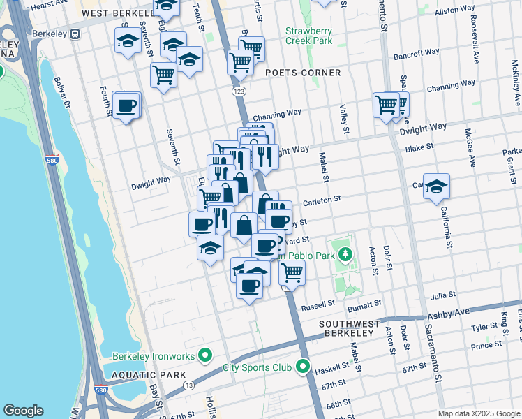 map of restaurants, bars, coffee shops, grocery stores, and more near 2622 San Pablo Avenue in Berkeley