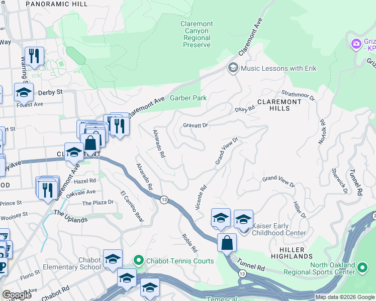 map of restaurants, bars, coffee shops, grocery stores, and more near 142 Gravatt Drive in Berkeley