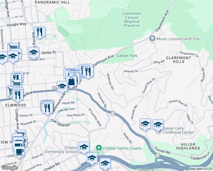 map of restaurants, bars, coffee shops, grocery stores, and more near 44 Eucalyptus Path in Berkeley