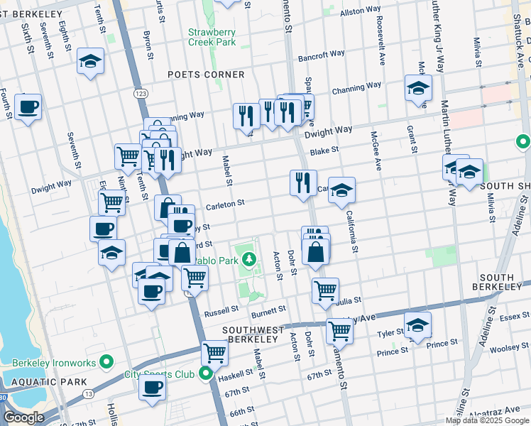map of restaurants, bars, coffee shops, grocery stores, and more near 1341 Derby Street in Berkeley