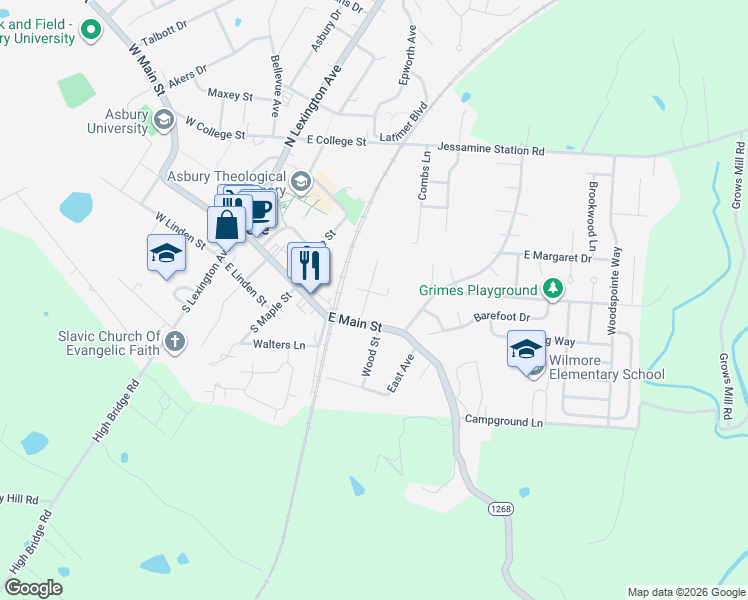 map of restaurants, bars, coffee shops, grocery stores, and more near 106 Scott Street in Wilmore