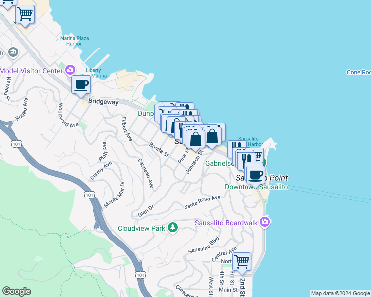 map of restaurants, bars, coffee shops, grocery stores, and more near in Sausalito