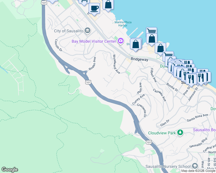 map of restaurants, bars, coffee shops, grocery stores, and more near 855 Spring Street in Sausalito