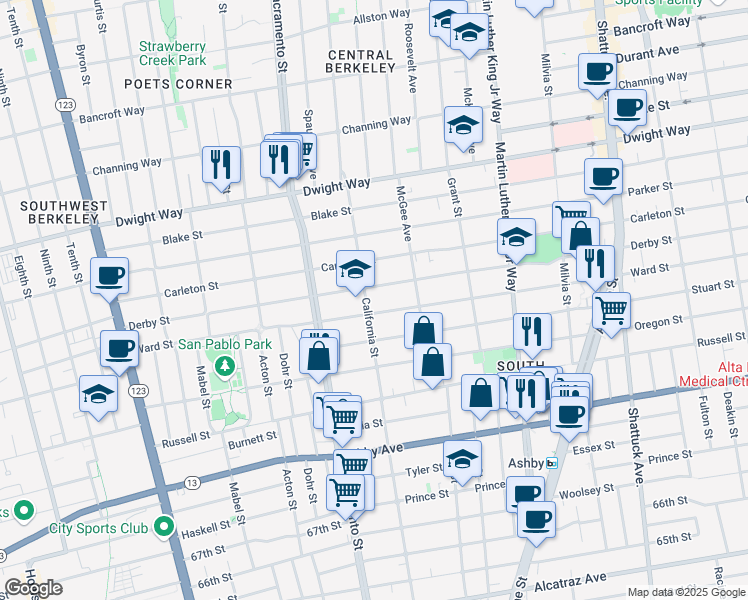 map of restaurants, bars, coffee shops, grocery stores, and more near 2709 California Street in Berkeley
