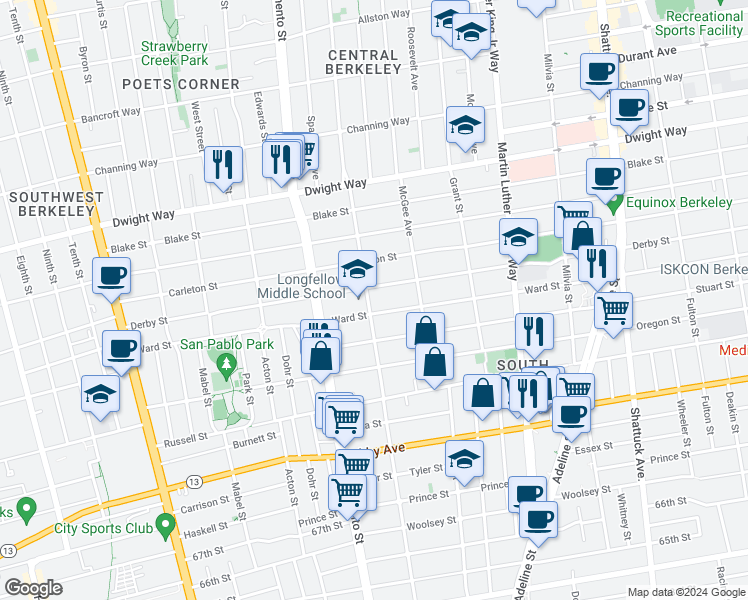 map of restaurants, bars, coffee shops, grocery stores, and more near 2709 California Street in Berkeley