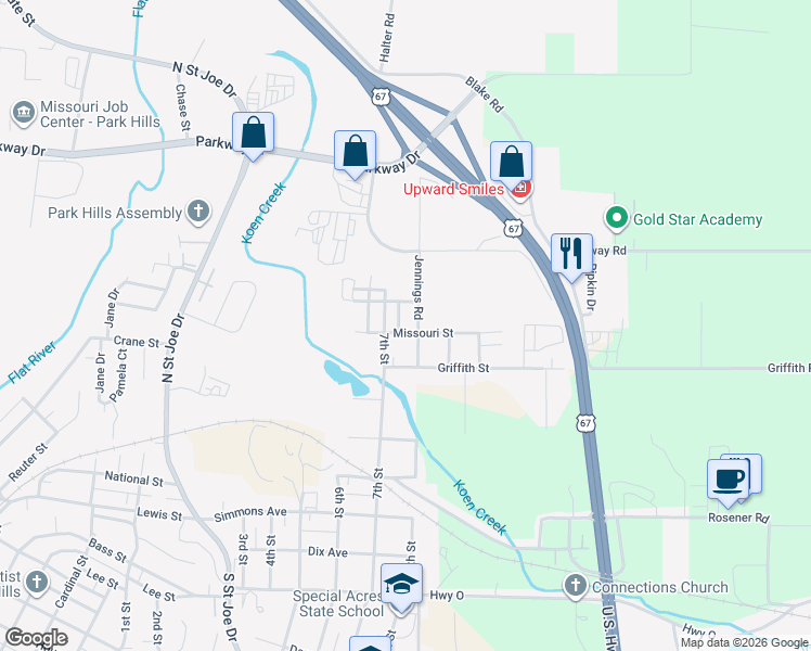 map of restaurants, bars, coffee shops, grocery stores, and more near 706 Missouri Street in Park Hills