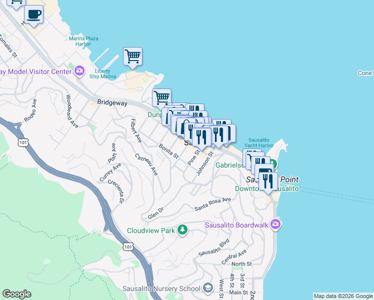 map of restaurants, bars, coffee shops, grocery stores, and more near 411 Turney Street in Sausalito