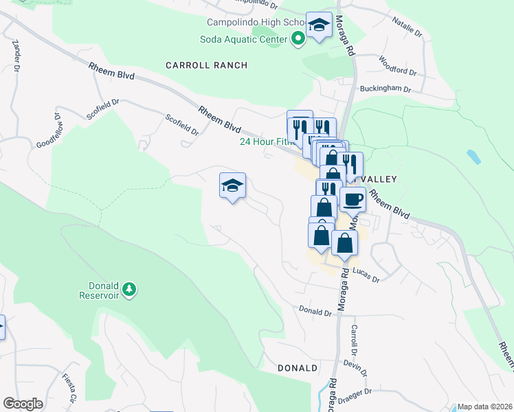 map of restaurants, bars, coffee shops, grocery stores, and more near 120 Ascot Court in Moraga