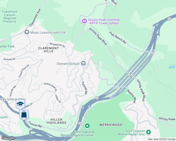map of restaurants, bars, coffee shops, grocery stores, and more near 260 Caldecott Lane in Oakland