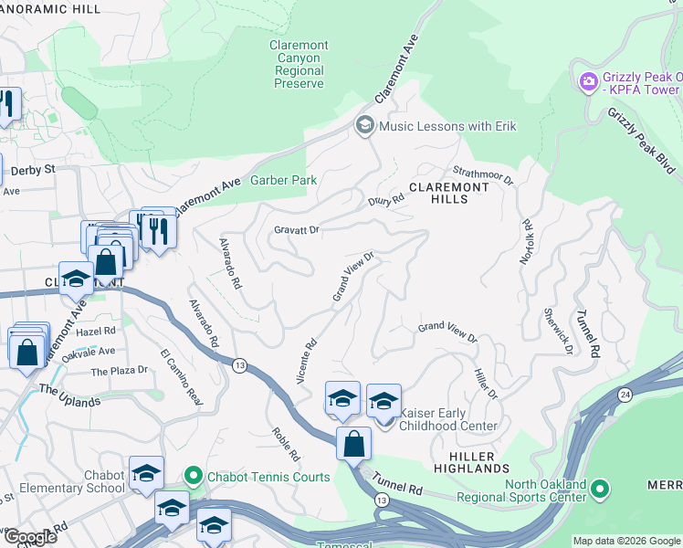 map of restaurants, bars, coffee shops, grocery stores, and more near 1049 Grand View Drive in Berkeley