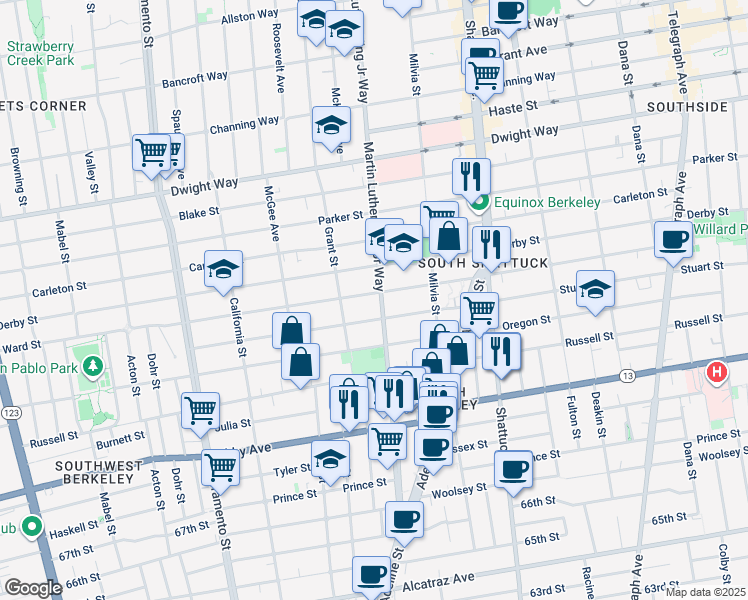 map of restaurants, bars, coffee shops, grocery stores, and more near 1820 Ward Street in Berkeley