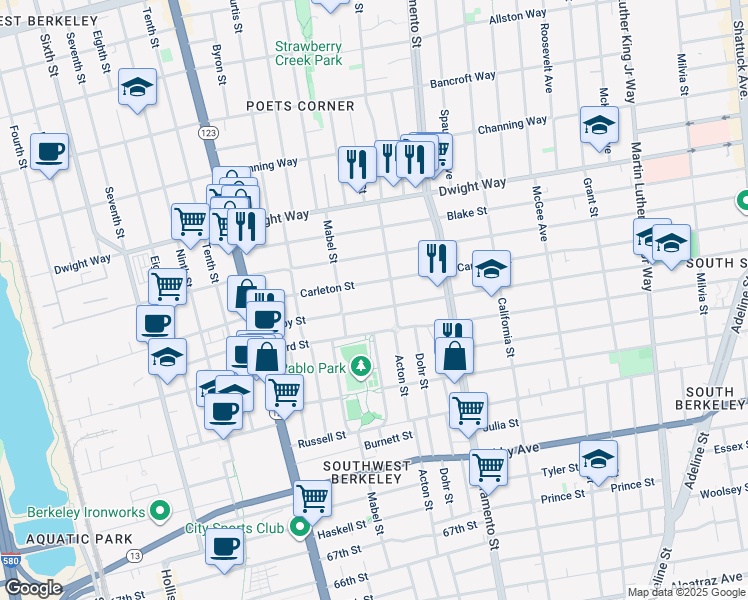 map of restaurants, bars, coffee shops, grocery stores, and more near 1341 Derby Street in Berkeley