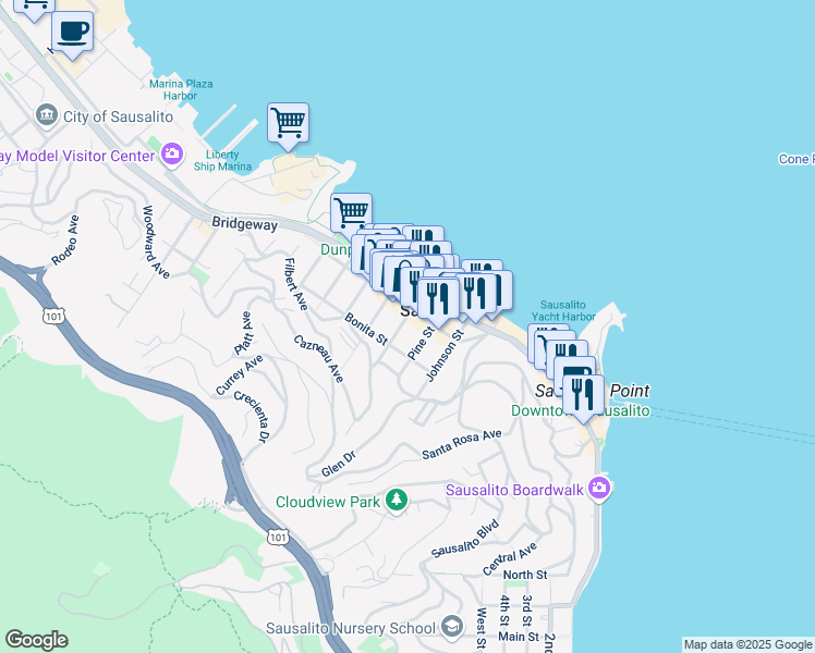 map of restaurants, bars, coffee shops, grocery stores, and more near 426 Turney Street in Sausalito