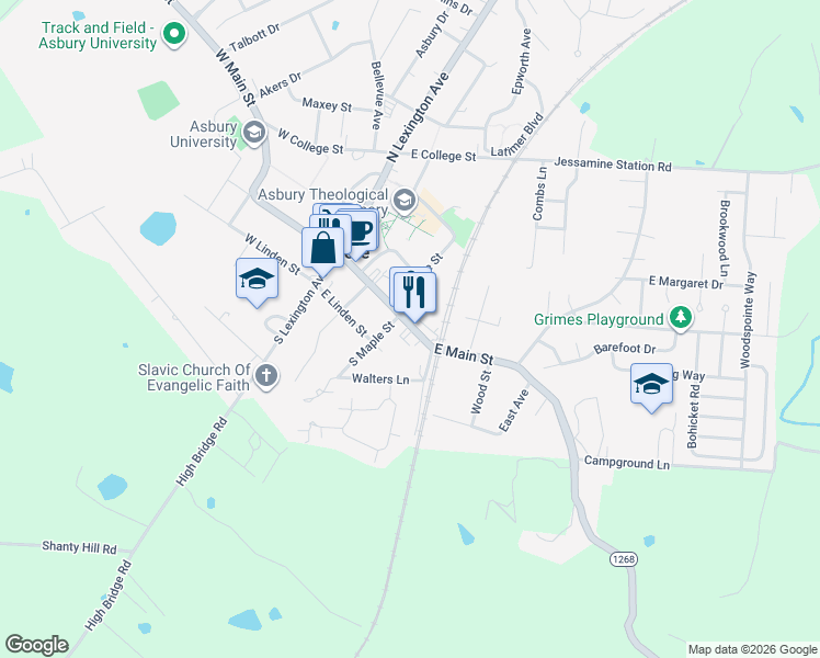 map of restaurants, bars, coffee shops, grocery stores, and more near 304 East Main Street in Wilmore