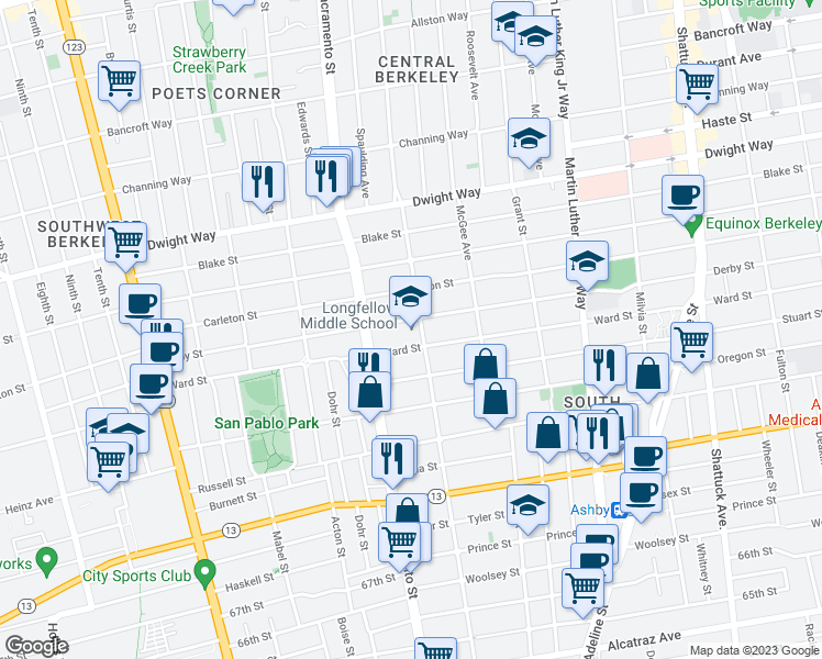 map of restaurants, bars, coffee shops, grocery stores, and more near 1500 Derby Street in Berkeley