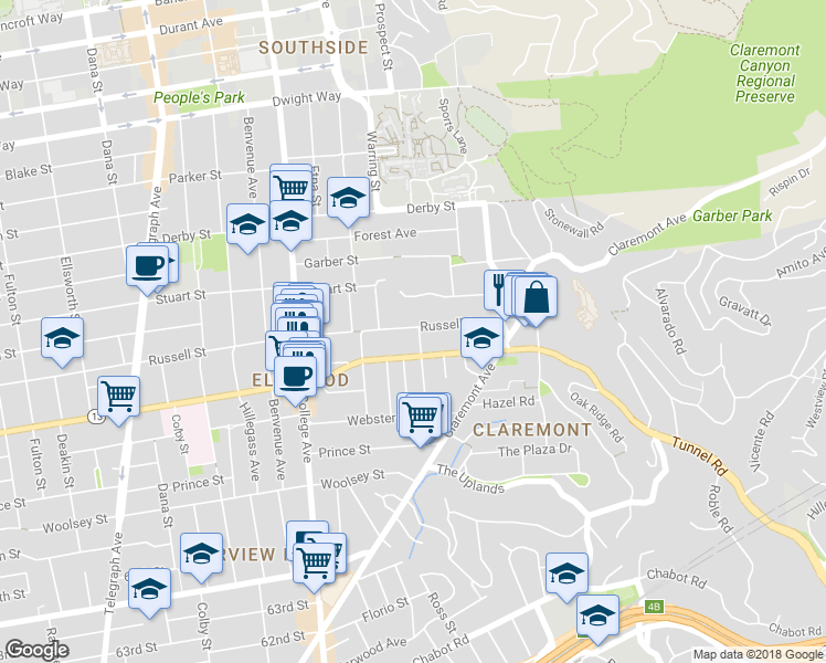 map of restaurants, bars, coffee shops, grocery stores, and more near 2848 Russell Street in Berkeley
