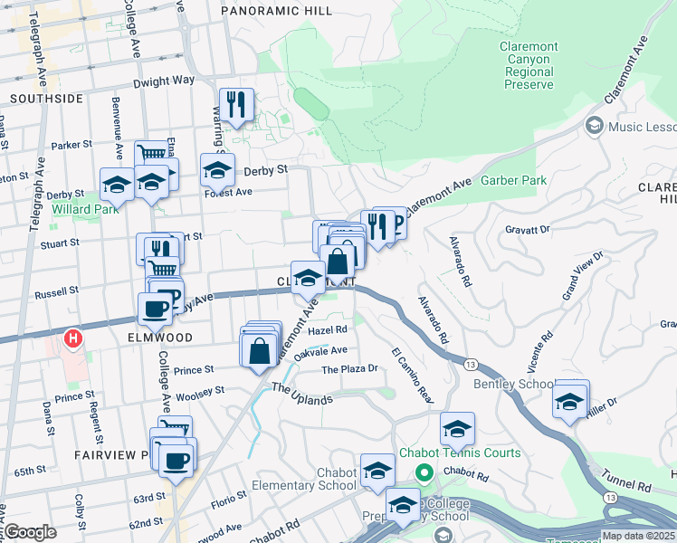 map of restaurants, bars, coffee shops, grocery stores, and more near 2936 Domingo Avenue in Berkeley