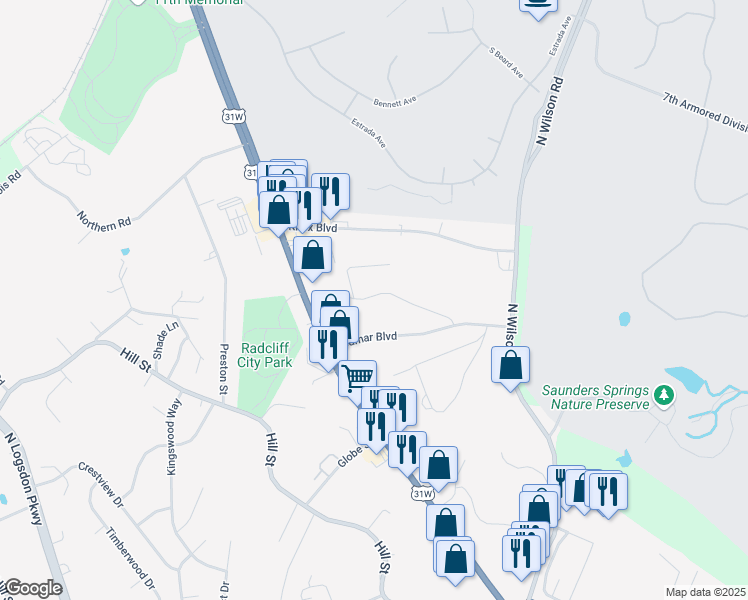 map of restaurants, bars, coffee shops, grocery stores, and more near 264 Oak Ridge Drive in Radcliff