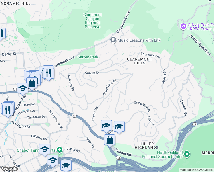 map of restaurants, bars, coffee shops, grocery stores, and more near 1049 Grand View Drive in Berkeley