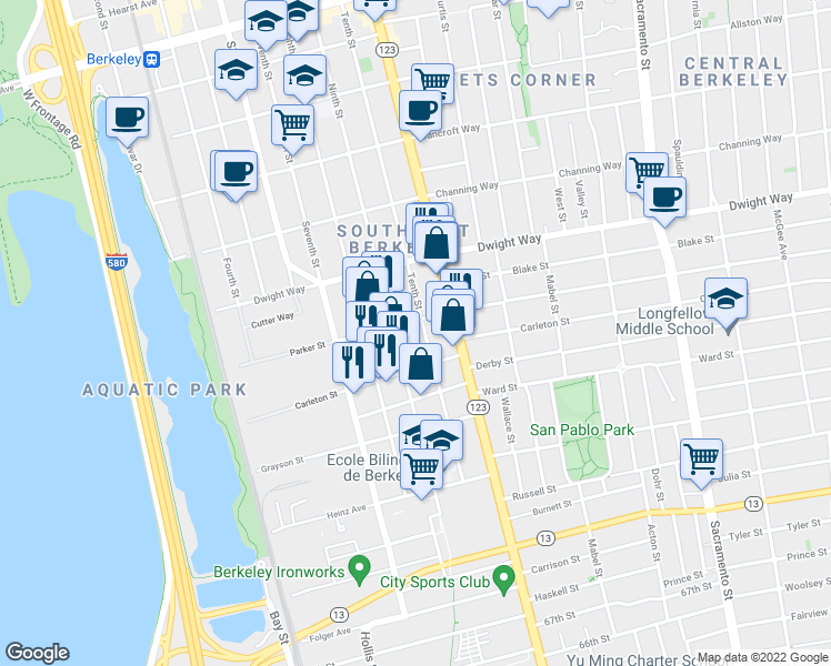map of restaurants, bars, coffee shops, grocery stores, and more near 2600 10th Street in Berkeley