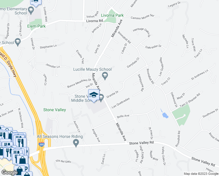 map of restaurants, bars, coffee shops, grocery stores, and more near 2982 Limestone Road in Alamo