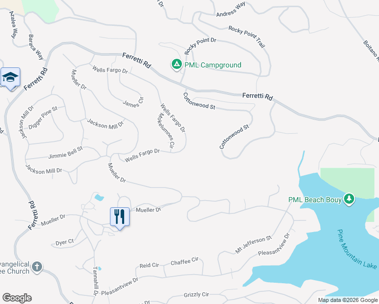 map of restaurants, bars, coffee shops, grocery stores, and more near 13003 Wells Fargo Dr in Groveland-Big Oak Flat