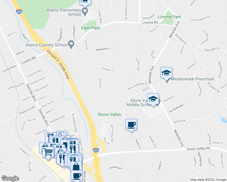 map of restaurants, bars, coffee shops, grocery stores, and more near 119 Bunce Meadows Drive in Alamo